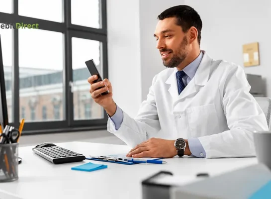 Doctor using smartphone for peptide payment processing