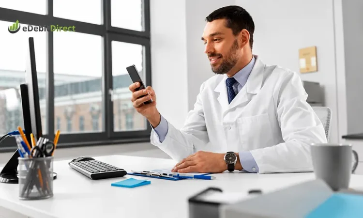 Doctor using smartphone for peptide payment processing